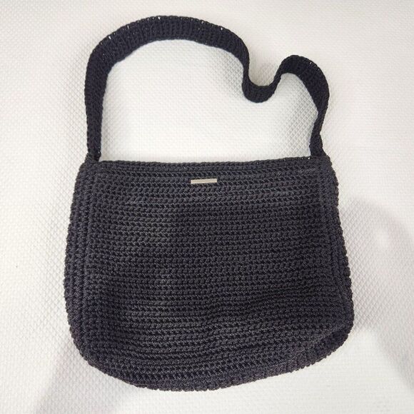 The Sak Crocheted Shoulder Handbag Black Knit Purse Zip Top Lightweight Classic - Picture 1 of 6